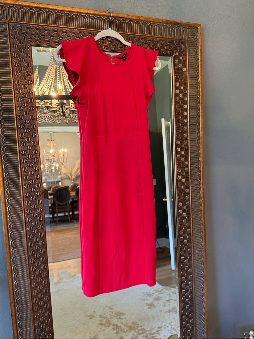 Felicity & Coco Classic Red Sheath Dress with Ruffle Sleeves